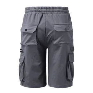 Detailed back view of grey men's cotton cargo shorts featuring multiple functional pockets.
