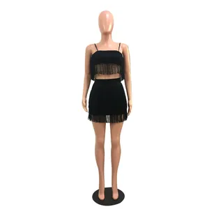 Sexy black two-piece set featuring a fringe camisole top and matching bodycon skirt