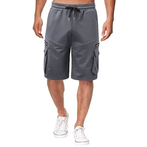 Men's casual cargo shorts with multi-pocket design and elastic waistband in grey