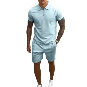 Completo estivo uomo 2 pezzi con polo celeste e pantaloncini slim fit coordinati