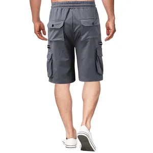 Back view detail of grey cotton cargo shorts for men featuring multiple functional pockets