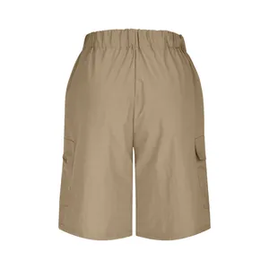 Back view of men's khaki cargo shorts featuring elastic waist and utility side pockets.