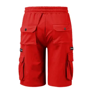 Detailed back view of men's red cotton cargo shorts with multi-pocket design