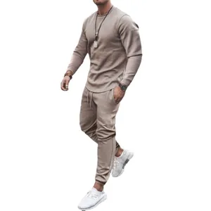 Men's khaki leisure tracksuit set, crewneck sweatshirt and matching joggers set