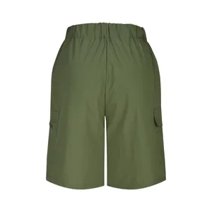 Detailed rear view of army green men's cargo shorts featuring an elasticated waistband
