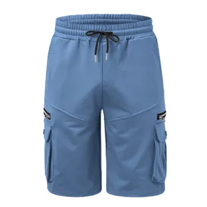 Front view of men's blue cotton cargo shorts with drawstring waist and zipper details.