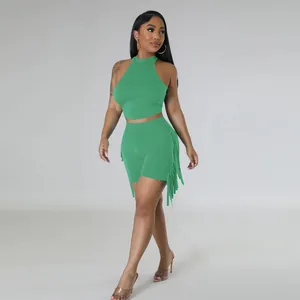 Fashionable green sleeveless top and fringe detail shorts casual two-piece outfit set