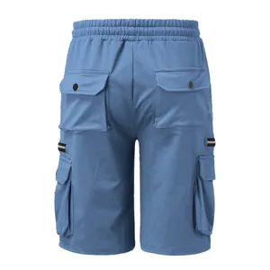 Detailed back view of blue men's cotton cargo shorts featuring functional multi-pocket design