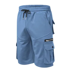 Detail view of men's blue cargo shorts showing elastic waistband and side flap pockets