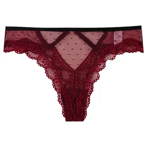 Sexy red lace thong with heart pattern mesh and transparent hollow design for women