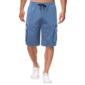 Detailed front view of blue men's cotton cargo shorts featuring multi-pockets and drawstring