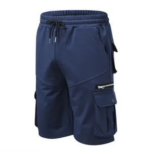 Men's navy blue cotton cargo shorts featuring elastic waist and multi-pocket design.