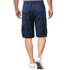 Back view of men's navy blue cargo shorts with multi-pocket design and elastic waist