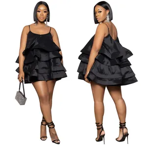 Elegant black satin layered ruffle mini dress with spaghetti straps, front and back view