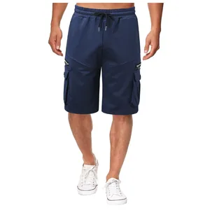 Navy blue men's cargo shorts featuring a drawstring waist and multi-pocket design