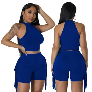 Front and back view of blue sleeveless fringe two-piece outfit for women