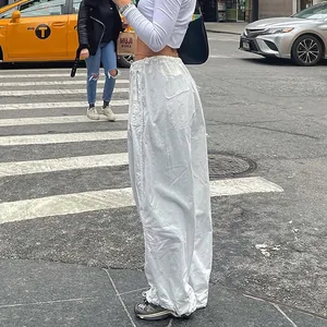 Trendy white wide-leg cargo pants with drawstring waist for casual street style wear