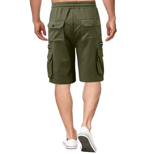 Back view of men's olive green cargo shorts with multiple pockets and elastic waist