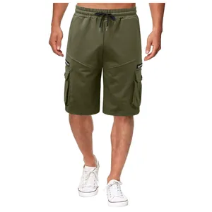 Men's olive green cargo shorts featuring multiple functional pockets and drawstring