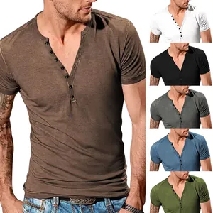 Heren Casual Henley Kraag T-Shirt Korte Mouw Slim Fit Muscle Gym Top Gekamd Katoen Jacquard Effen Kleur Shirt