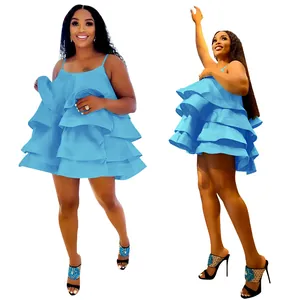 Stylish blue satin tiered ruffle mini dress featuring camisole straps and U-neck design