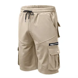 Side view of khaki men's cargo shorts featuring multi-pocket design and drawstring