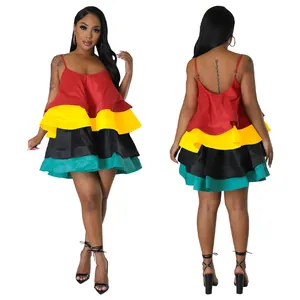 Detailed front and back view of a vibrant four-tier satin camisole mini party dress