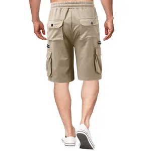 Back view of men's khaki cargo shorts with multi-pocket design and elastic waist
