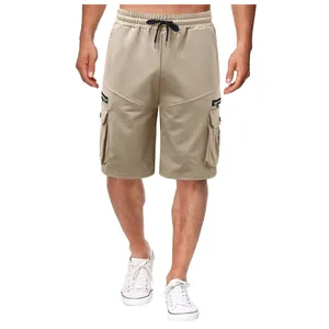 Front view of khaki men's cargo shorts featuring a drawstring waist and multiple pockets