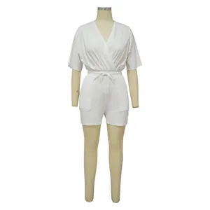 Weißer Kurzarm-Jumpsuit mit V-Ausschnitt und verstellbarem Kordelzug für Damen
