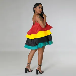 Side and back view of vibrant multi-color tiered satin mini dress with U-neck straps