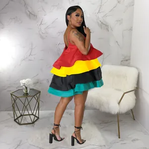 Back view of a vibrant multi-color layered satin mini dress with U-neck straps