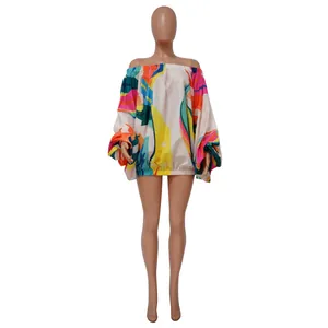 Vestido corto de hombros descubiertos para mujer con estampado abstracto y mangas abullonadas