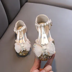 Elegante goldene Glitzer-Prinzessinenschuhe für Mädchen mit Perlenriemen und Schleife