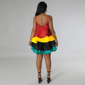 Detailed back view of a vibrant multi-layer ruffled satin mini dress with thin spaghetti straps.