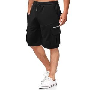 Men's casual black cargo shorts with multi-pockets and drawstring waist on white background.