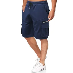 Men's navy blue cotton cargo shorts featuring multiple pockets for summer casual wear.