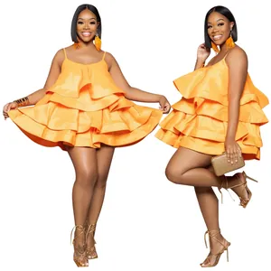Stunning front and side view of orange U-neck ruffled satin mini dress for women