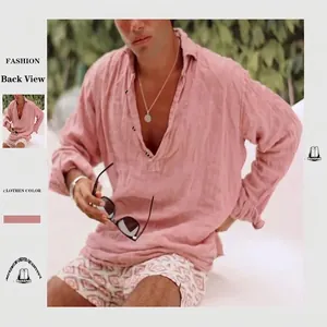 Men's Casual Cotton Blend Linen Texture Long Sleeve Shirt Solid Color Turn-down Collar Button Down Beach Summer Shirt Top