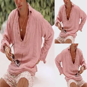 Classic pink long sleeve linen cotton shirt for men with casual beach holiday vibe