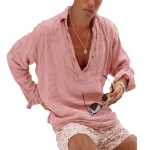 Stylish pink men's linen long sleeve shirt with relaxed V-neck for casual beach wear