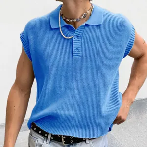 Polo en maille sans manches bleu pour hommes avec texture côtelée et col classique