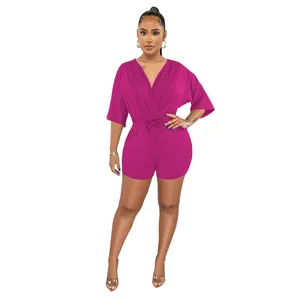 Eleganter fuchsiafarbener V-Ausschnitt-Einteiler mit Tunnelzug für Damen, schicker Stil