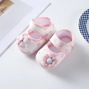 Close-up of pink and white soft sole baby princess shoes with flower patterns