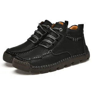 Chaussures décontractées noires montantes cousues main pour hommes, semelle caoutchouc