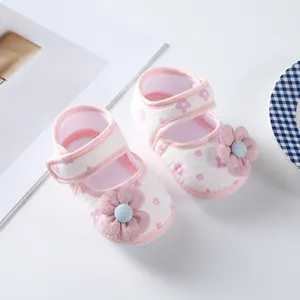 Detailed view of pink floral soft-sole princess shoes for newborn baby girls 0-1 year