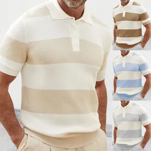 Ανδρική Πλεκτή Μπλούζα Polo με Χρωματικά Μπλοκ Slim Fit Κοντό Μανίκι Μπλουζάκι Casual Πλεκτή Μπλούζα με Κάθετες Ρίγες Καλοκαιρινή Μόδα