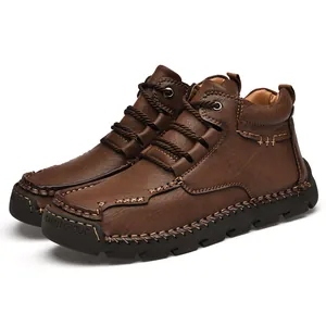 Chaussures de randonnée décontractées mi-hautes en cuir marron avec semelles en caoutchouc