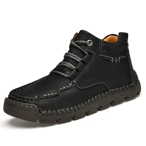 Chaussures décontractées pour hommes en cuir cousues main avec semelle en caoutchouc antidérapante