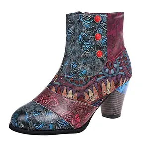Vintage bunte Stiefeletten mit Blumenprägung, Patchwork-Design und stabilem Blockabsatz